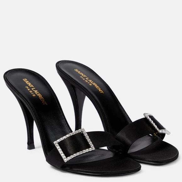 NIB! Saint Laurent YSL Simone Satin Crystal Buckled Mules Heels Sandals - Picture 1 of 16